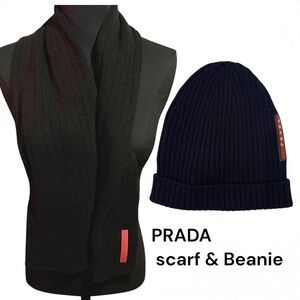 Auth PRADA LINEA SCARF & BEANIE HAT 2pc SET BLACK thick soft ribbed acrylic wool